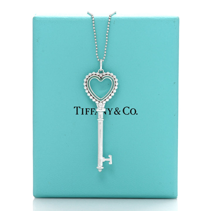 TIFFANY &amp; CO. BLUE ENAMEL BEAD HEART KEY STERLING SILVER NECKLACE