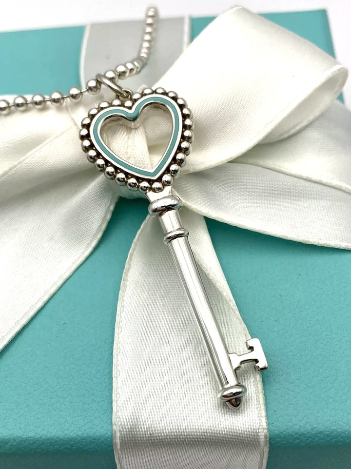 TIFFANY &amp; CO. BLUE ENAMEL BEAD HEART KEY STERLING SILVER NECKLACE