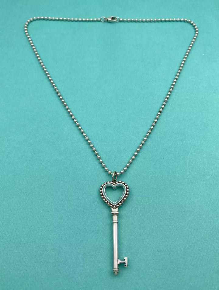TIFFANY &amp; CO. BLUE ENAMEL BEAD HEART KEY STERLING SILVER NECKLACE