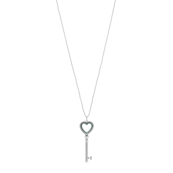 TIFFANY &amp; CO. BLUE ENAMEL BEAD HEART KEY STERLING SILVER NECKLACE
