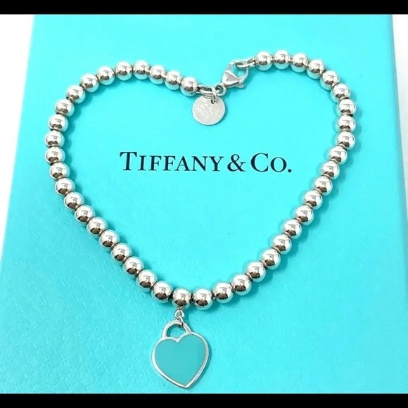 TIFFANY &amp; CO. RTT BLUE HEART STERLING SILVER BEADED BRACELET