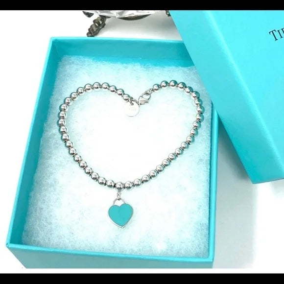 TIFFANY &amp; CO. RTT BLUE HEART STERLING SILVER BEADED BRACELET