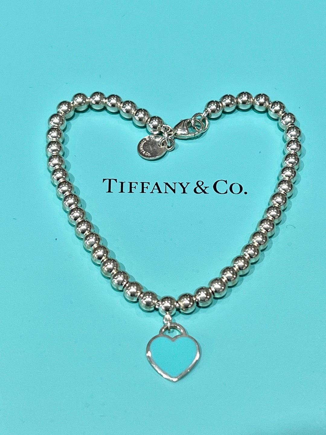 TIFFANY &amp; CO. RTT BLUE HEART STERLING SILVER BEADED BRACELET