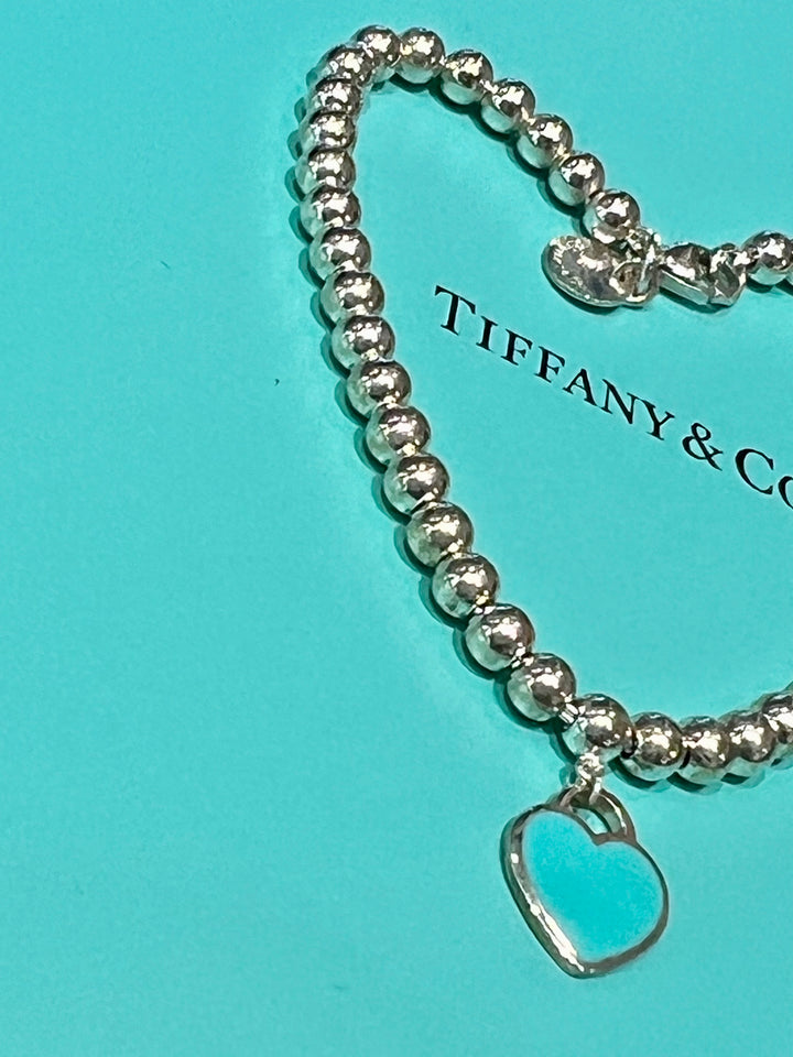 TIFFANY &amp; CO. RTT BLUE HEART STERLING SILVER BEADED BRACELET