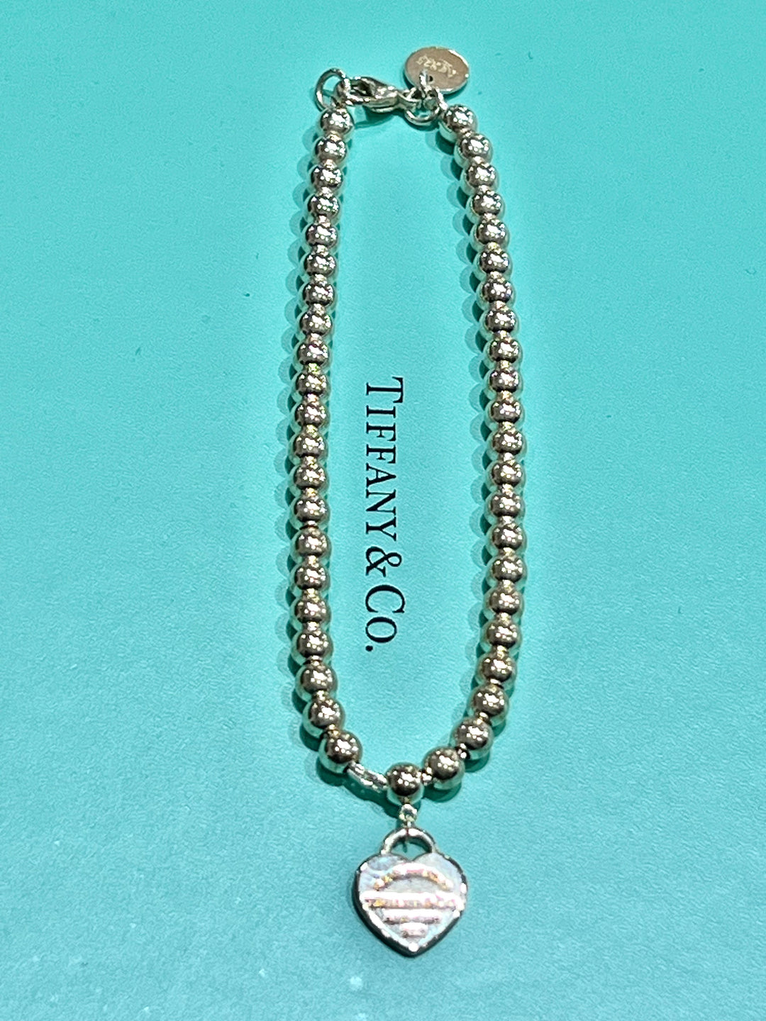 TIFFANY &amp; CO. RTT BLUE HEART STERLING SILVER BEADED BRACELET