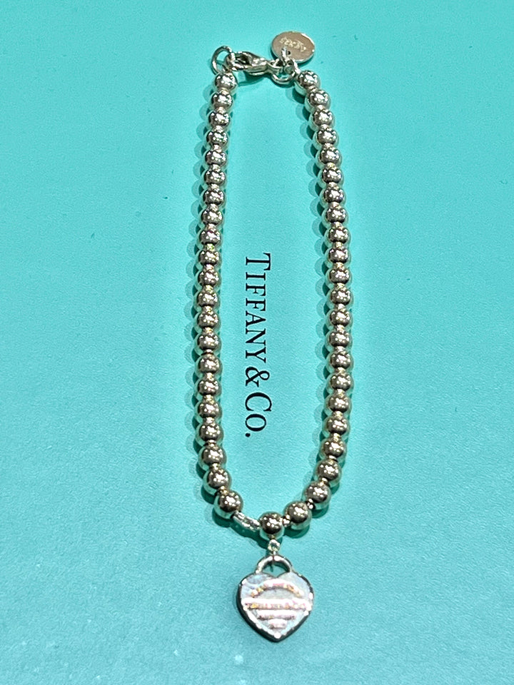 TIFFANY &amp; CO. RTT BLUE HEART STERLING SILVER BEADED BRACELET