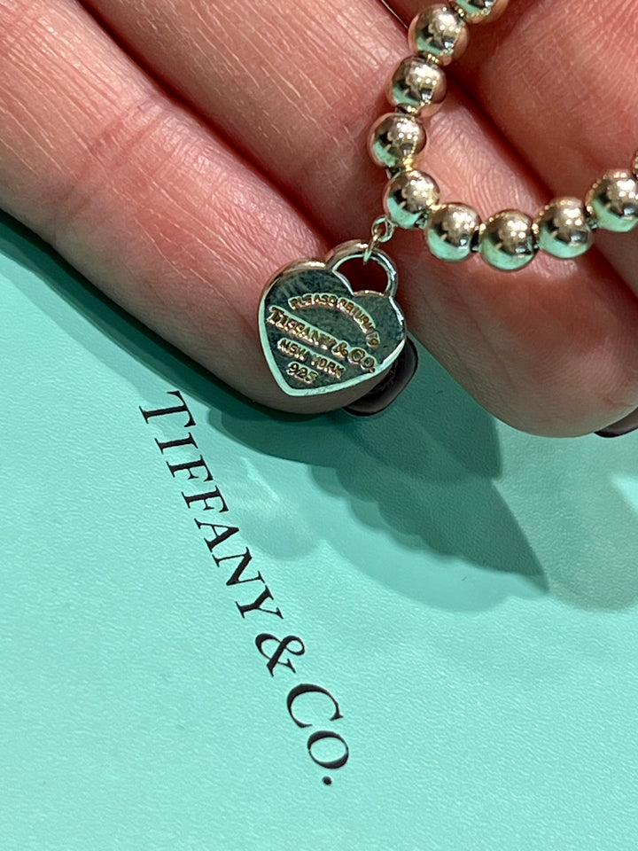 TIFFANY &amp; CO. RTT BLUE HEART STERLING SILVER BEADED BRACELET