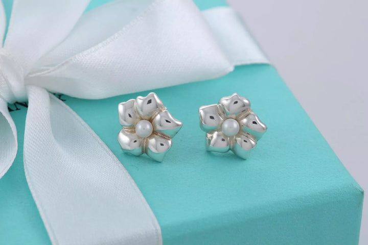 TIFFANY &amp; CO. PEARL FLOWER STERLING SILVER STUD EARRINGS
