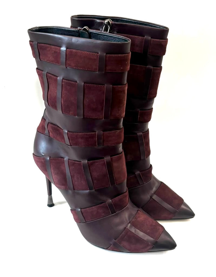 TOM FORD CALFSKIN LEATHER &amp; SUEDE CAGED STILETTO BOOTS