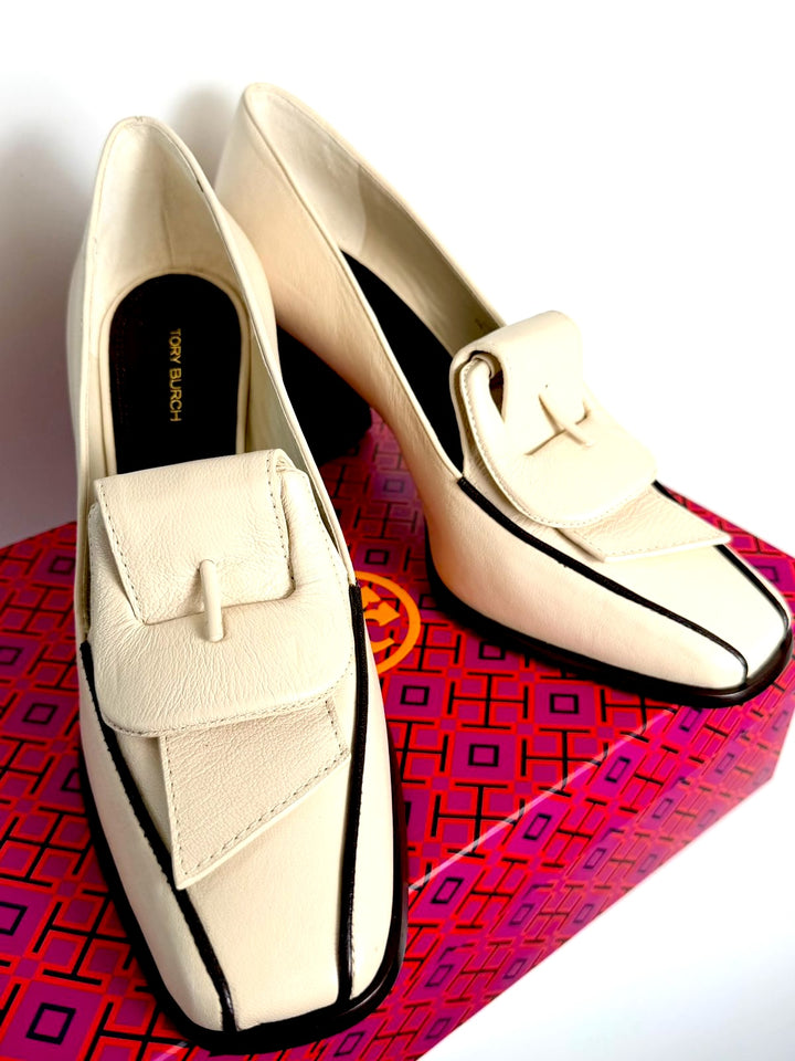 TORY BURCH BANANA HEEL LEATHER LOAFERS