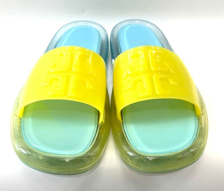 TORY BURCH BUBBLE JELLY SLIDE SANDALS – ISLAND BLUE / FIREFLY