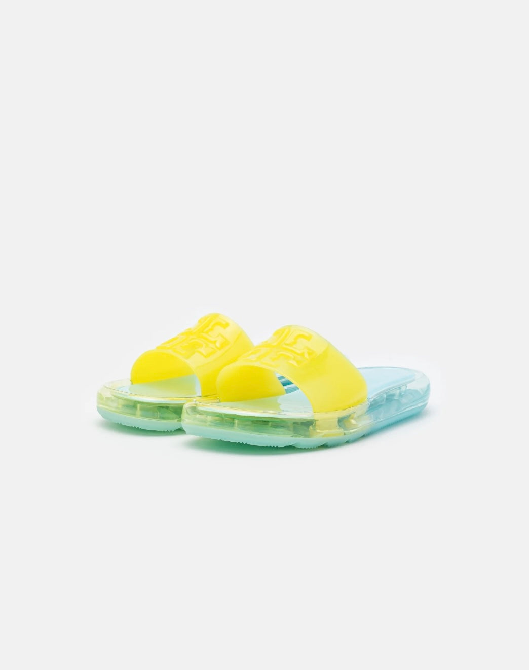 TORY BURCH BUBBLE JELLY SLIDE SANDALS – ISLAND BLUE / FIREFLY