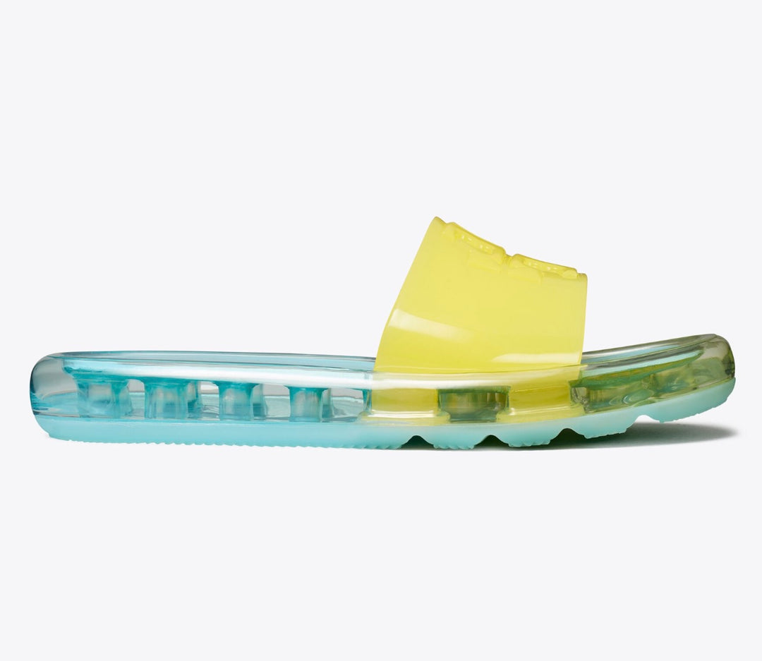 TORY BURCH BUBBLE JELLY SLIDE SANDALS – ISLAND BLUE / FIREFLY