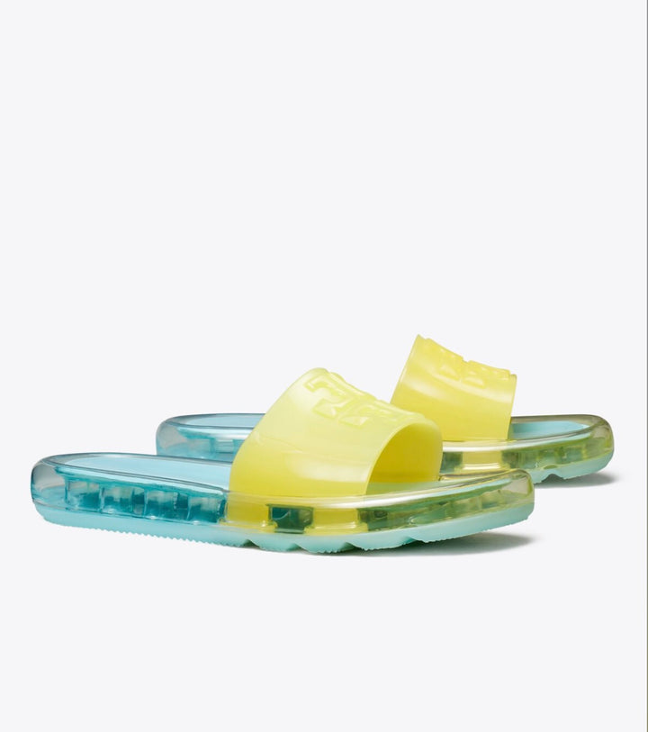 TORY BURCH BUBBLE JELLY SLIDE SANDALS – ISLAND BLUE / FIREFLY