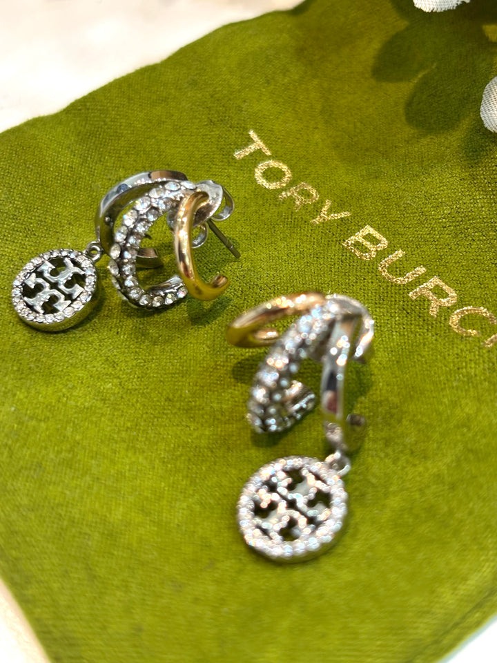 TORY BURCH ICON PAVÉ TRIPLE HOOP EARRINGS