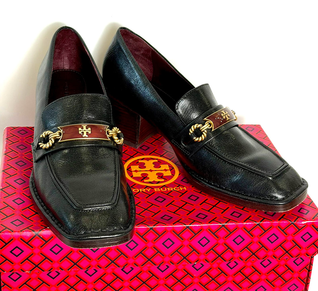 TORY BURCH PERRINE HEEL LEATHER LOAFERS