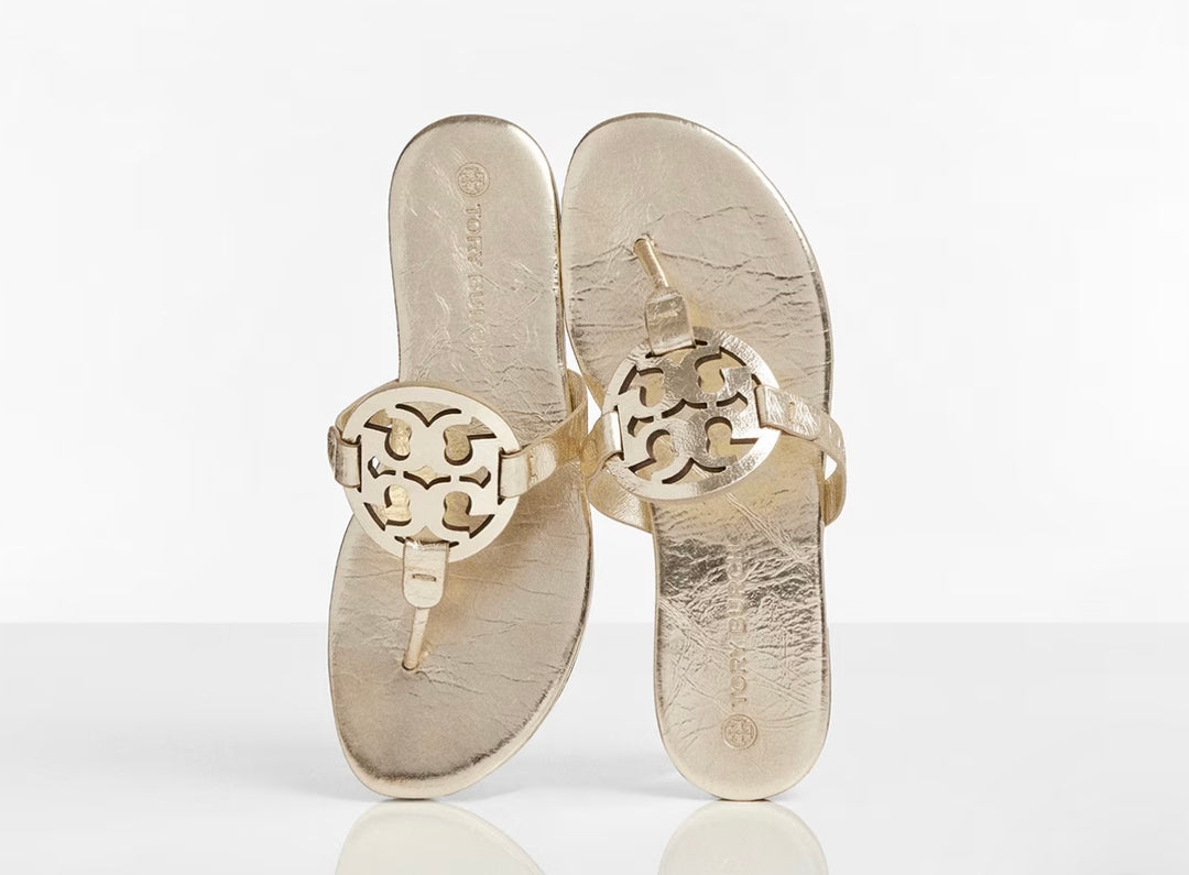 TORY BURCH METALLIC WRINKLED LEATHER MILLER SLIDES