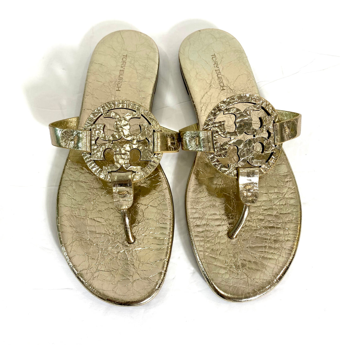 TORY BURCH METALLIC WRINKLED LEATHER MILLER SLIDES