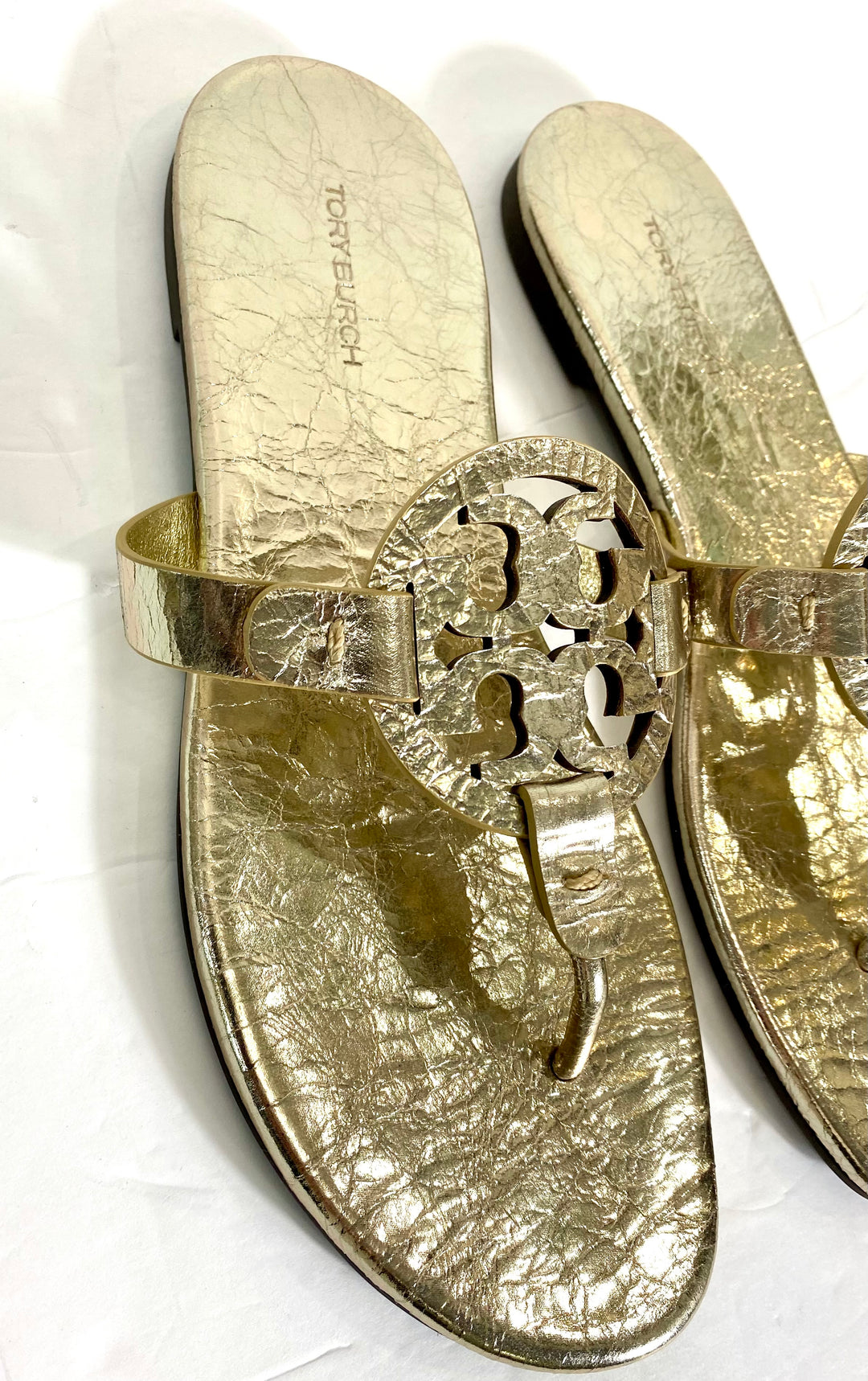 TORY BURCH METALLIC WRINKLED LEATHER MILLER SLIDES