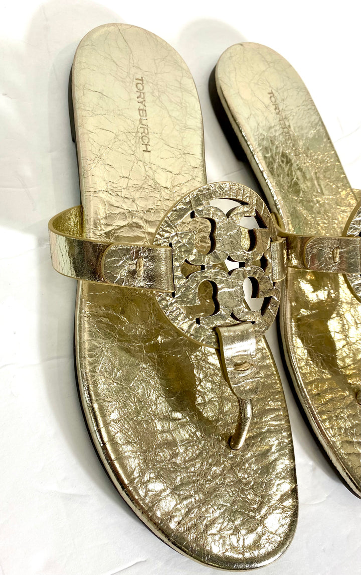 TORY BURCH METALLIC WRINKLED LEATHER MILLER SLIDES