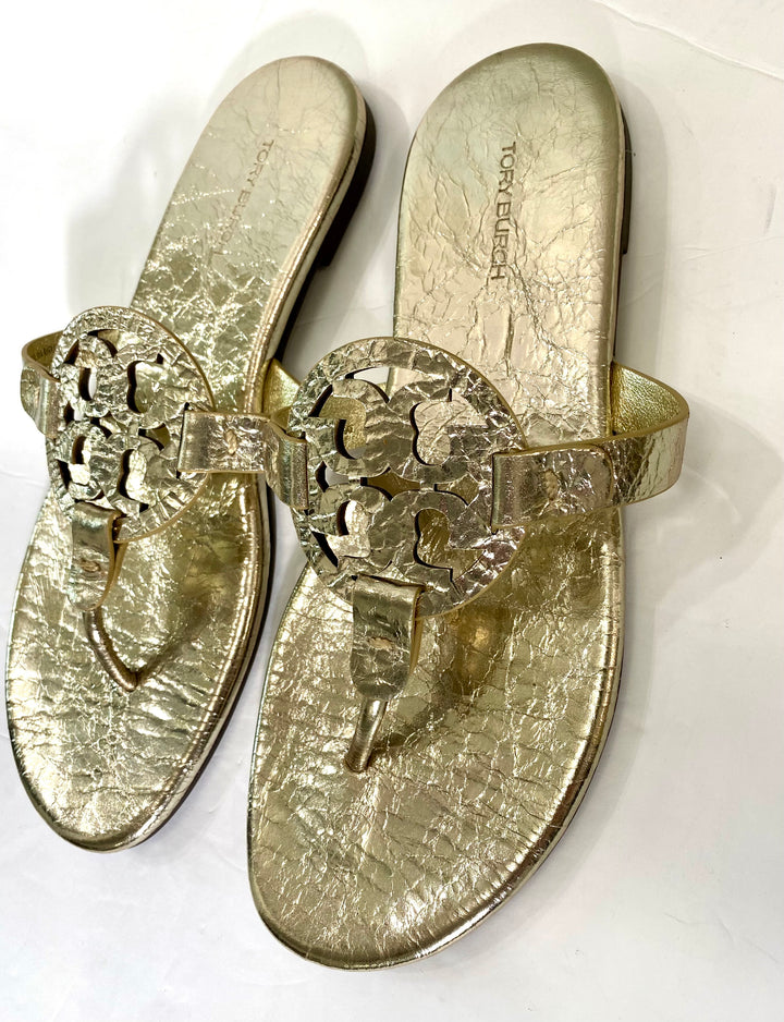 TORY BURCH METALLIC WRINKLED LEATHER MILLER SLIDES