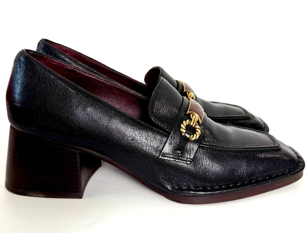 TORY BURCH PERRINE HEEL LEATHER LOAFERS