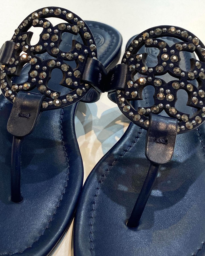 TORY BURCH MILLER CRYSTAL EMBELLISHED LOGO LEATHER SANDALS