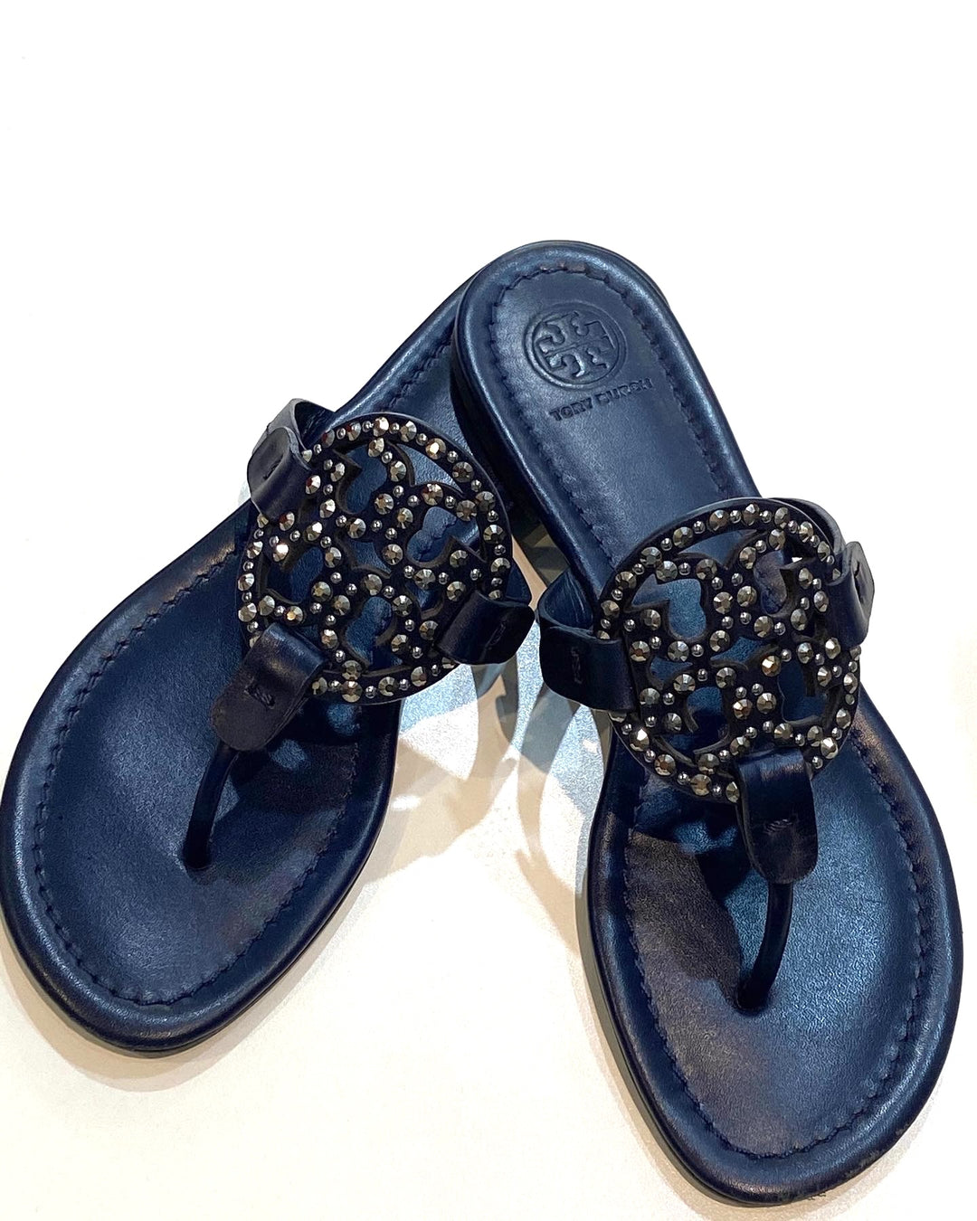 TORY BURCH MILLER CRYSTAL EMBELLISHED LOGO LEATHER SANDALS