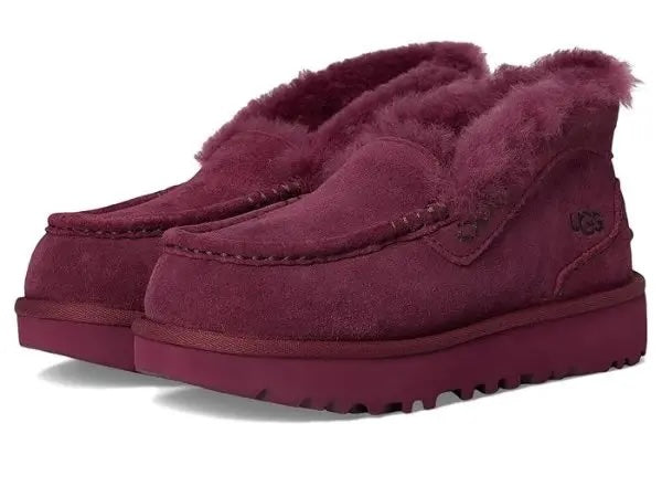 UGG ANSLEY PARC SUEDE FUR-LINED PLATFORM SLIP-ON SHOOTIES – BURNT MAGENTA