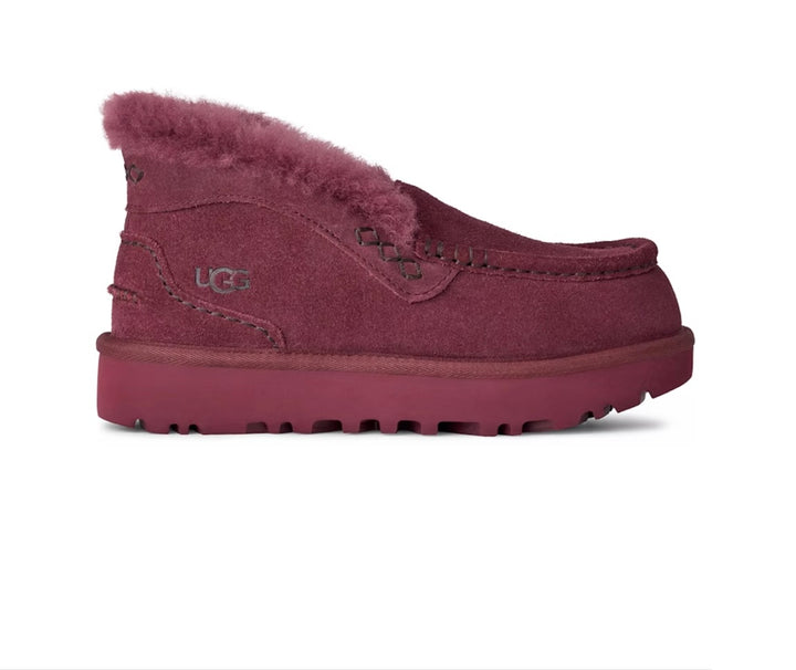 UGG ANSLEY PARC SUEDE FUR-LINED PLATFORM SLIP-ON SHOOTIES – BURNT MAGENTA