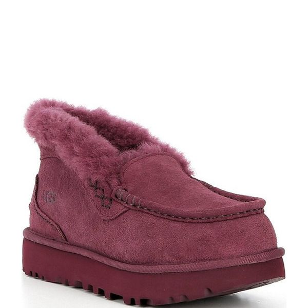 UGG ANSLEY PARC SUEDE FUR-LINED PLATFORM SLIP-ON SHOOTIES – BURNT MAGENTA