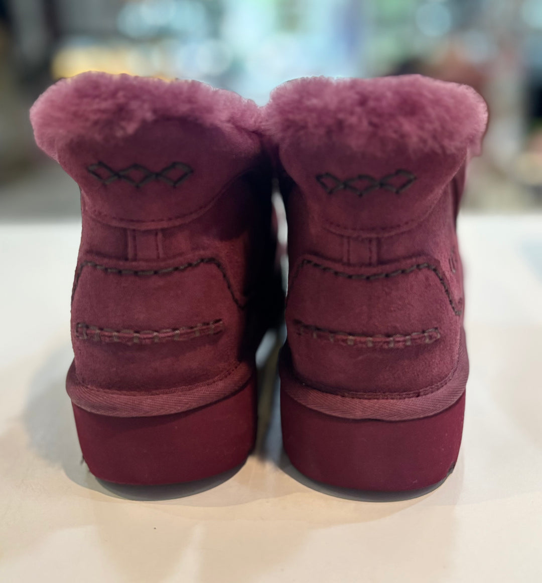 UGG ANSLEY PARC SUEDE FUR-LINED PLATFORM SLIP-ON SHOOTIES – BURNT MAGENTA