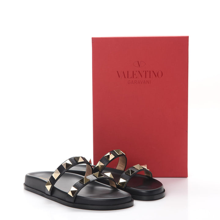 VALENTINO CALFSKIN LEATHER MACRO ROCKSTUD SLIDES