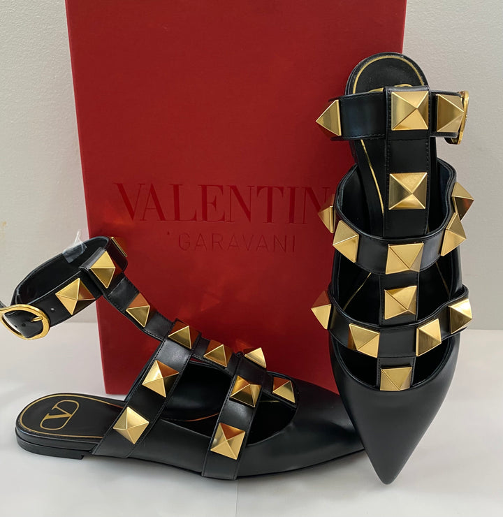 VALENTINO GARAVANI CALFSKIN ROMAN STUD ANKLE STRAP MULES