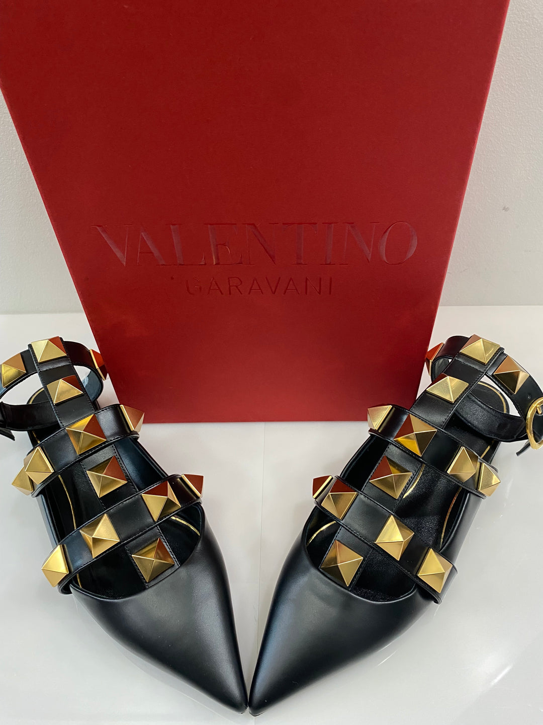 VALENTINO GARAVANI CALFSKIN ROMAN STUD ANKLE STRAP MULES