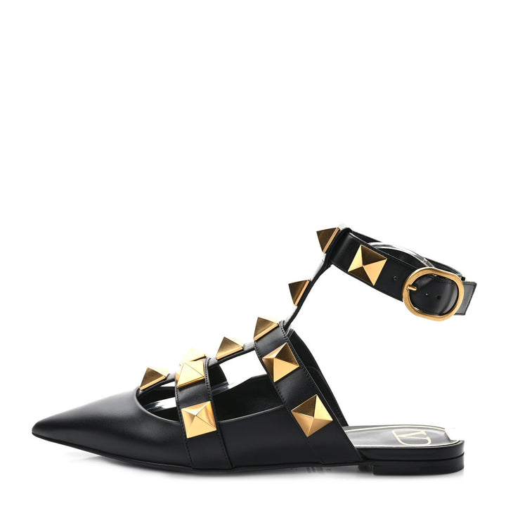 VALENTINO GARAVANI CALFSKIN ROMAN STUD ANKLE STRAP MULES