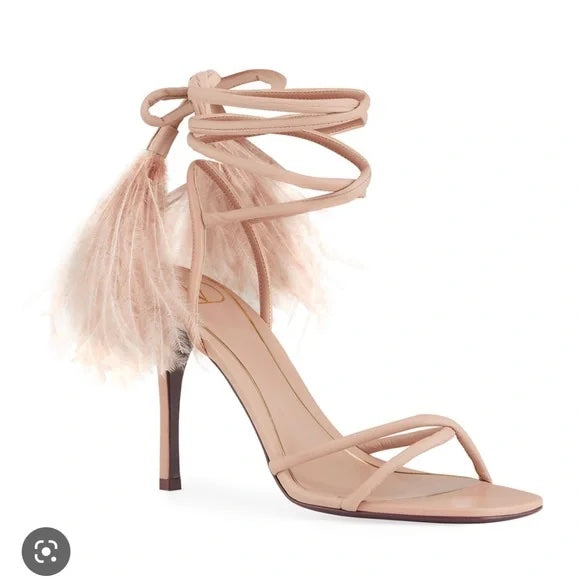 VALENTINO GARAVANI OSTRICH FEATHER ANKLE STRAP STILETTO SANDALS