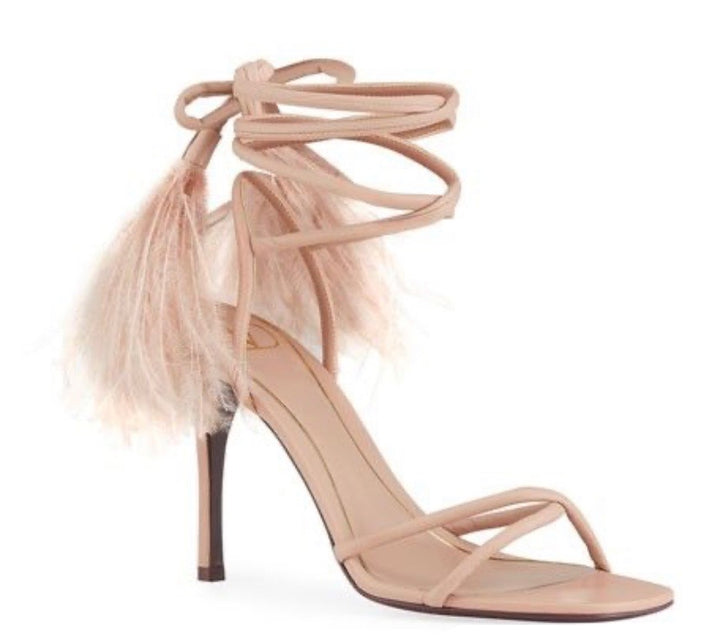 VALENTINO GARAVANI OSTRICH FEATHER ANKLE STRAP STILETTO SANDALS