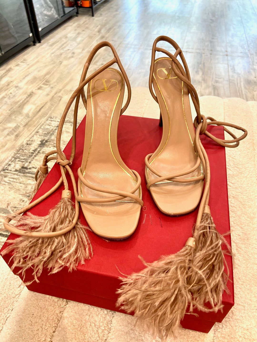 VALENTINO GARAVANI OSTRICH FEATHER ANKLE STRAP STILETTO SANDALS