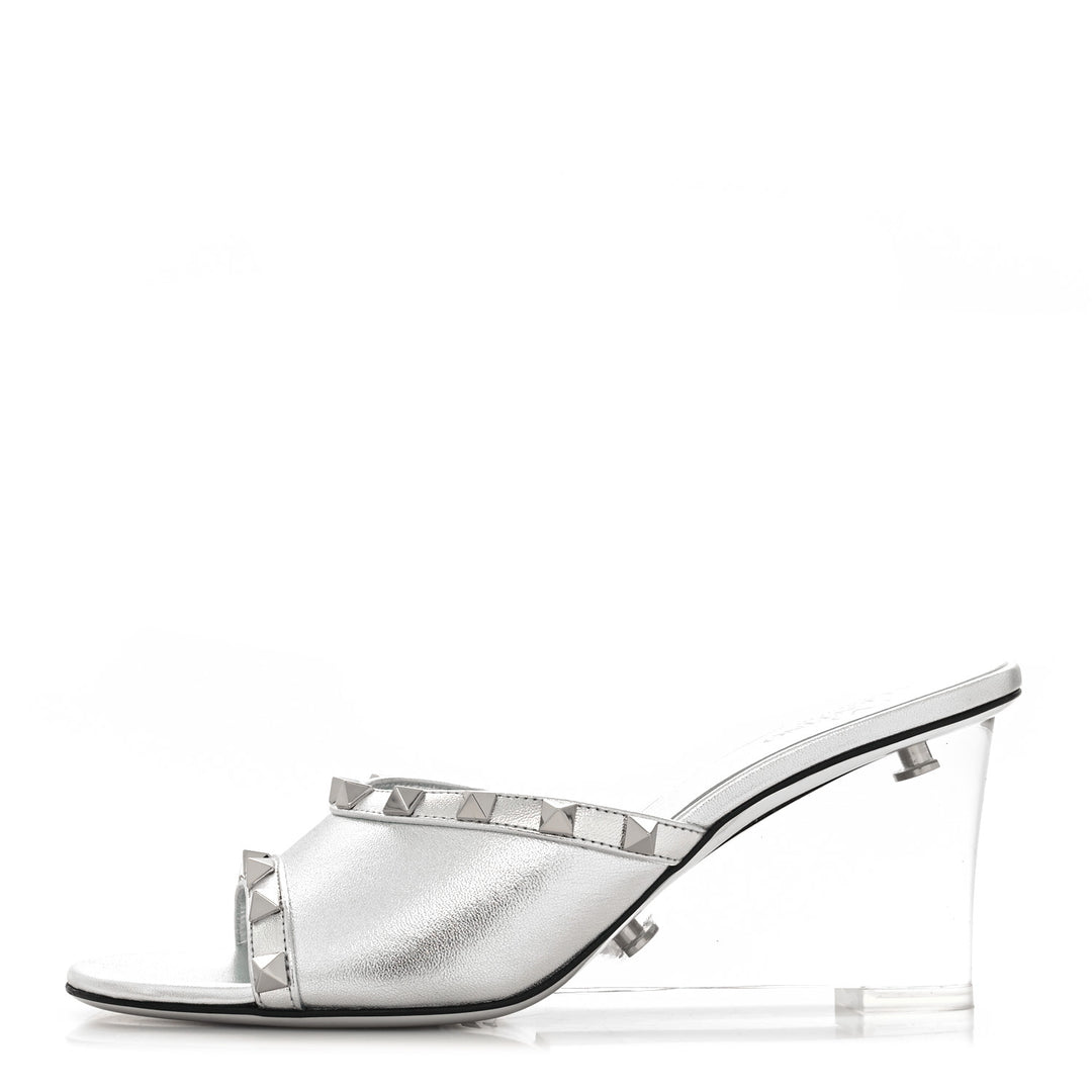 VALENTINO GARAVANI METALLIC LAMBSKIN PLEXIGLASS ROCKSTUD WEDGE HEEL MULES