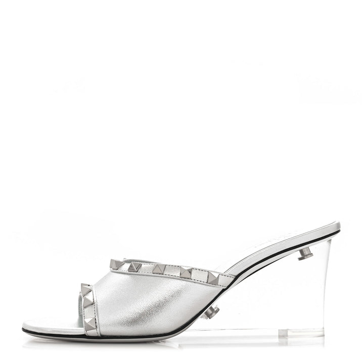 VALENTINO GARAVANI METALLIC LAMBSKIN PLEXIGLASS ROCKSTUD WEDGE HEEL MULES