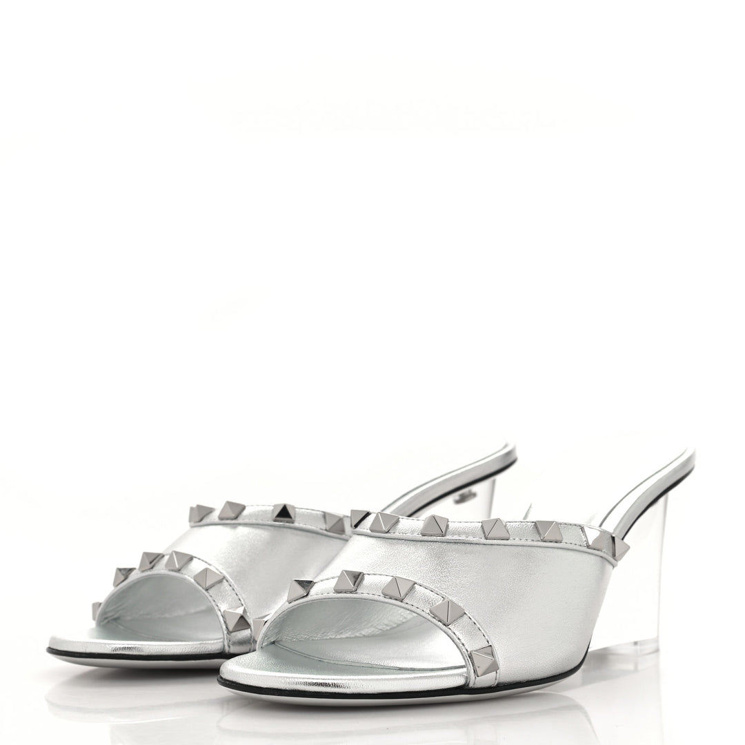 VALENTINO GARAVANI METALLIC LAMBSKIN PLEXIGLASS ROCKSTUD WEDGE HEEL MULES