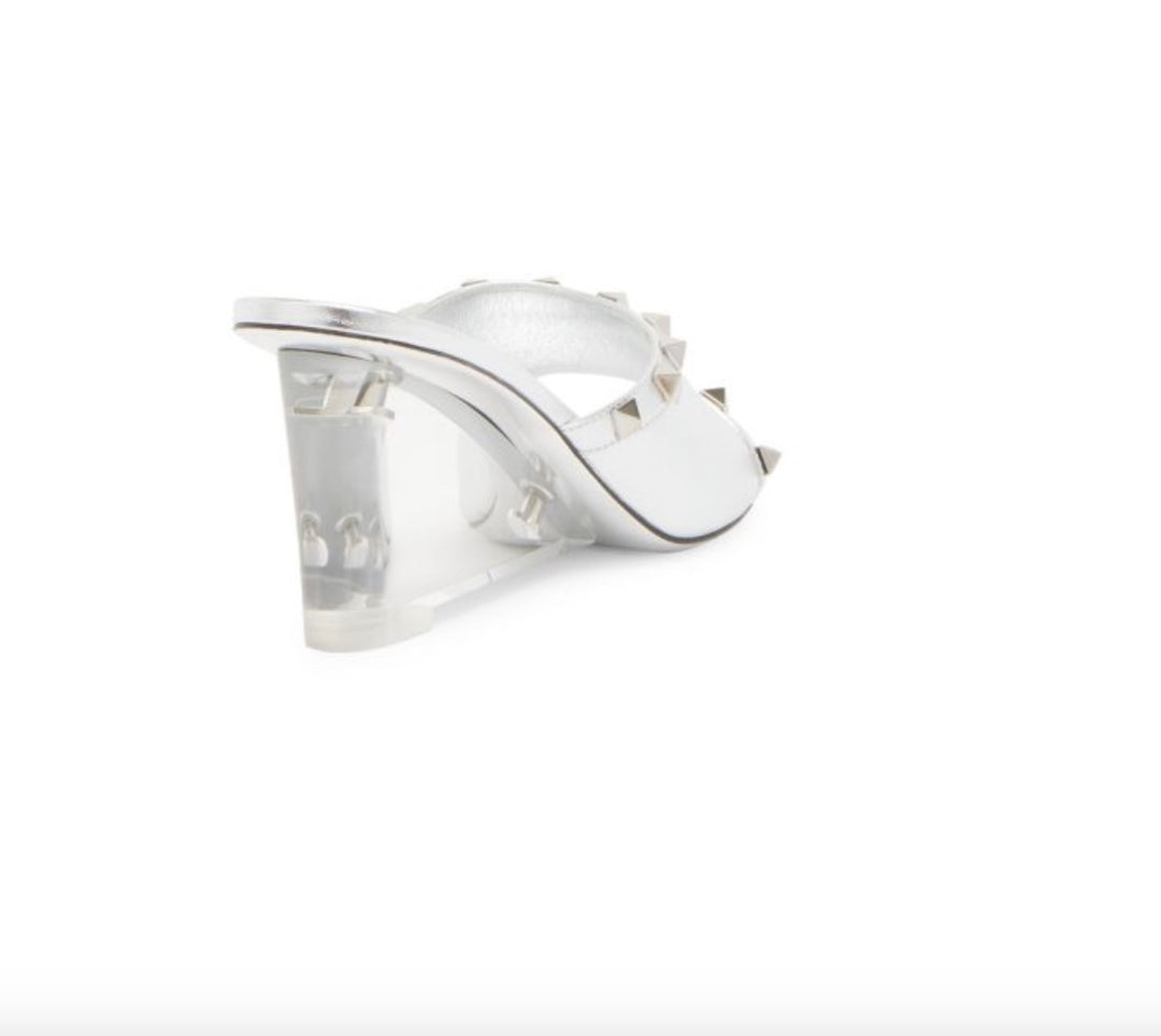 VALENTINO GARAVANI METALLIC LAMBSKIN PLEXIGLASS ROCKSTUD WEDGE HEEL MULES