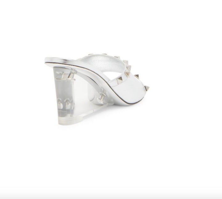 VALENTINO GARAVANI METALLIC LAMBSKIN PLEXIGLASS ROCKSTUD WEDGE HEEL MULES