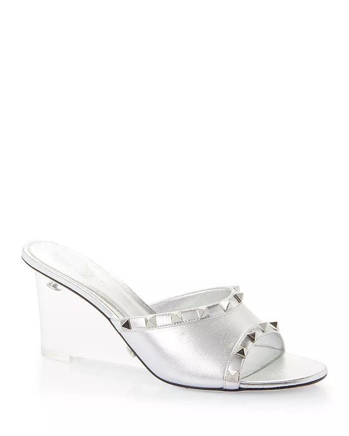 VALENTINO GARAVANI METALLIC LAMBSKIN PLEXIGLASS ROCKSTUD WEDGE HEEL MULES