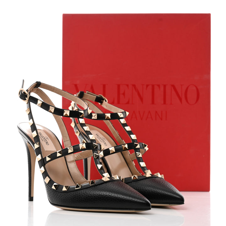 VALENTINO GARAVANI ROCKSTUD GRAINY LEATHER ANKLE STRAP 100 MM PUMP
