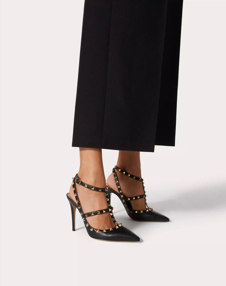 VALENTINO GARAVANI ROCKSTUD GRAINY LEATHER ANKLE STRAP 100 MM PUMP