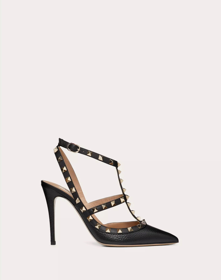 VALENTINO GARAVANI ROCKSTUD GRAINY LEATHER ANKLE STRAP 100 MM PUMP