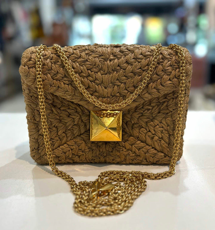 VALENTINO ROMAN ONE STUD RAFFIA &amp; LAMBSKIN LEATHER BAG