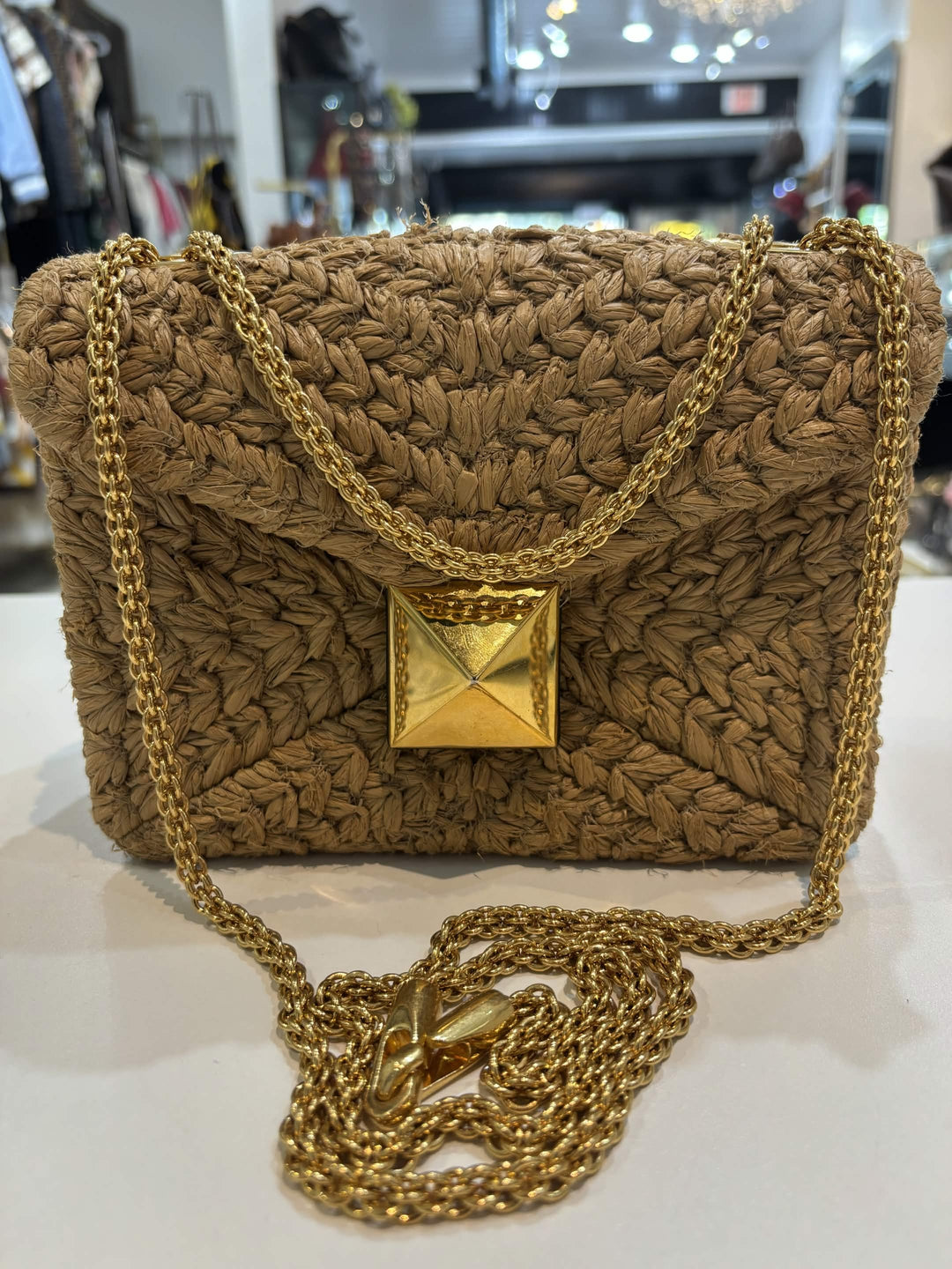 VALENTINO ROMAN ONE STUD RAFFIA &amp; LAMBSKIN LEATHER BAG